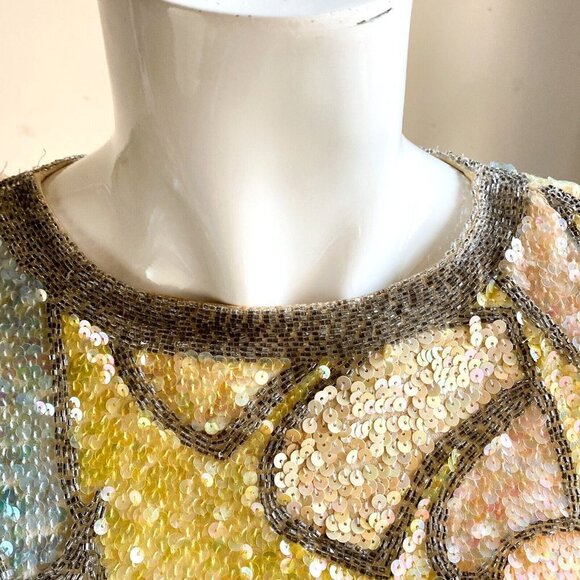 Vintage Oleg Cassini Black Tie PAstel Colours Fully Beaded Sequin Top S - Picture 6 of 10